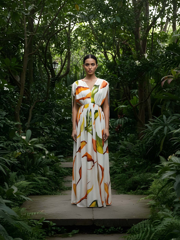 Ivy Printed V neck Maxi Dress