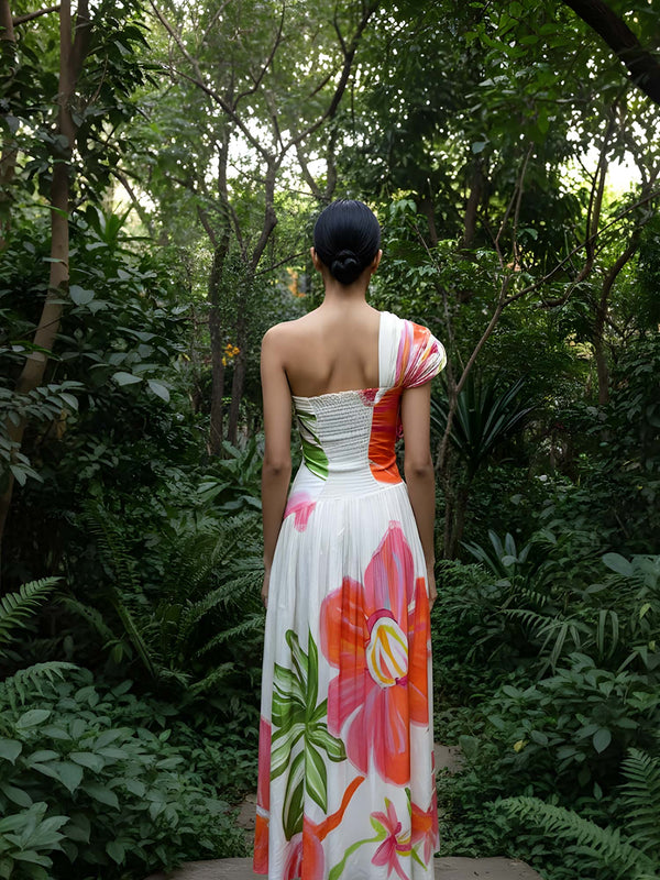 Hibiscus Printed One Shoulder Maxi Dress
