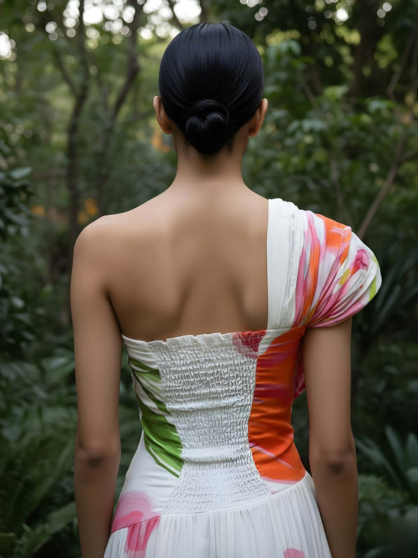 Hibiscus Printed One Shoulder Maxi Dress