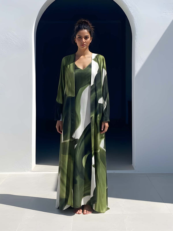 Jade Printed Maxi Slip Dress With Cape (Set of 2)
