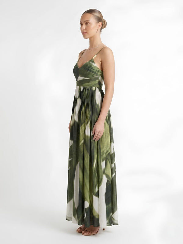 Jade Printed V Neck Pleated Dress
