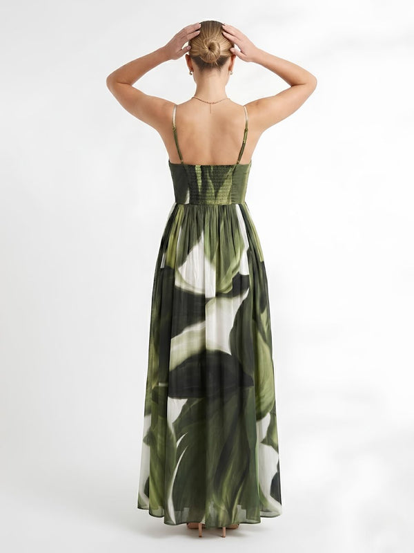 Jade Printed V Neck Pleated Dress