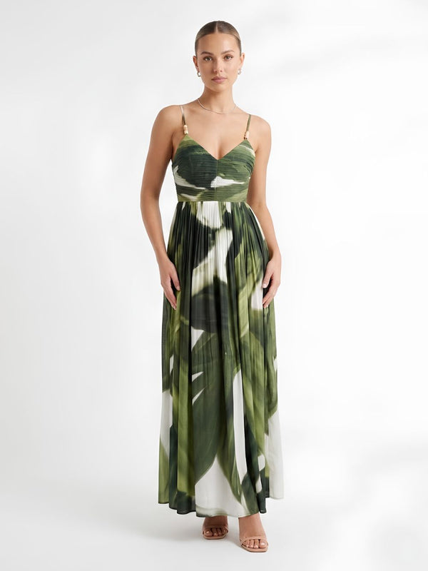 Jade Printed V Neck Pleated Dress