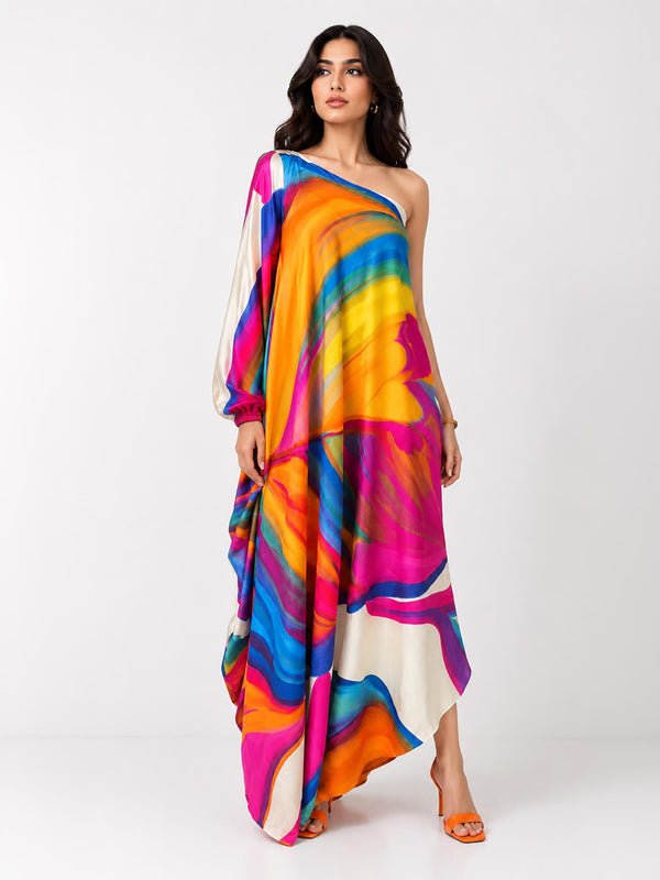 Rainbow Printed Cowl Dress