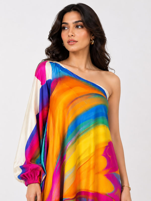 Rainbow Printed Cowl Dress