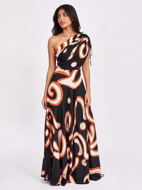 Swirl Printed One Shoulder Dress