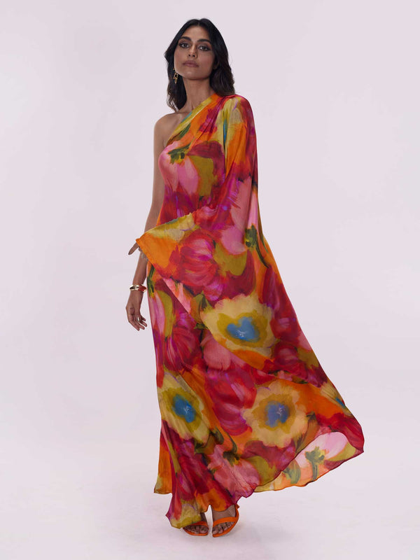 Cerise Printed Kaftan Dress with one shoulder detail