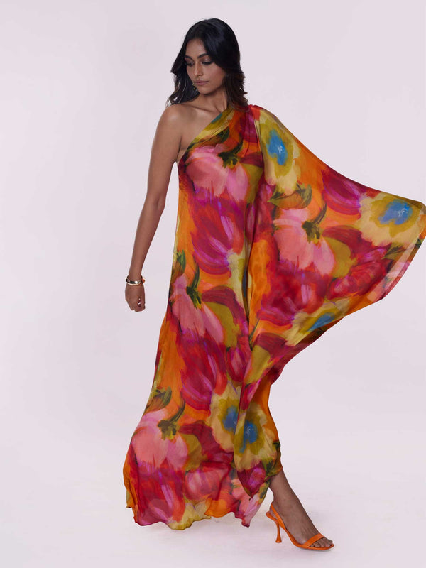 One-shoulder stylish kaftan dress in Bemberg silk