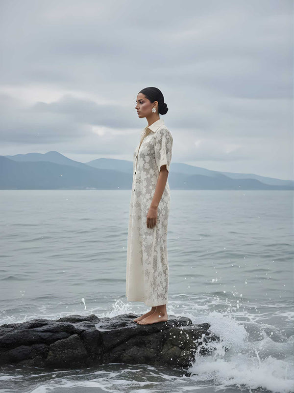 Flower Crochet Midi Shirt Dress