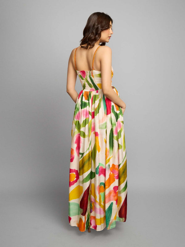 Spring Printed Pleated Maxi Dress
