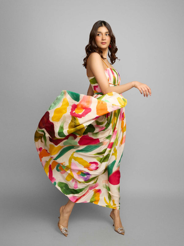 Spring Printed Pleated Maxi Dress