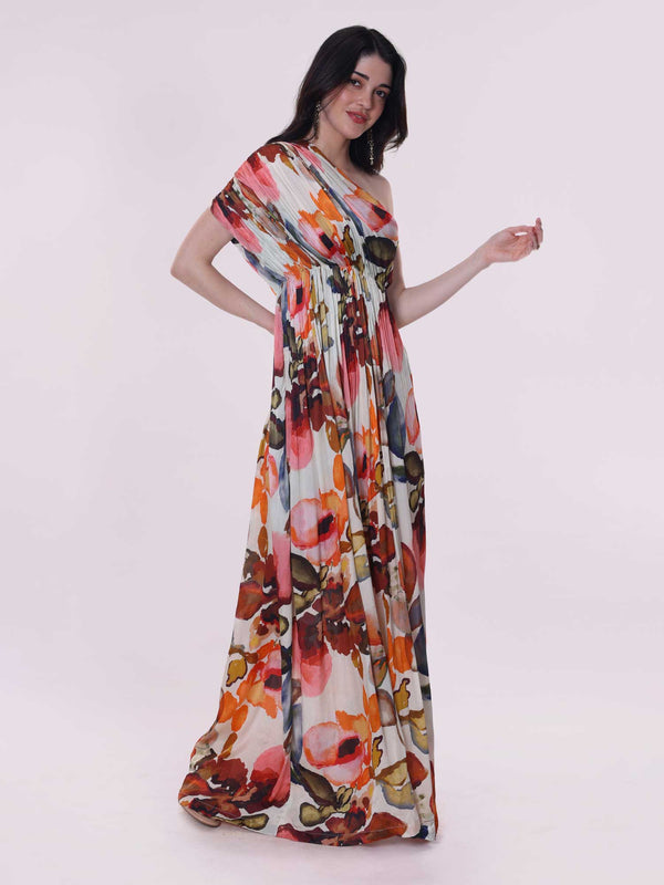 Rose Printed One Shoulder Dress