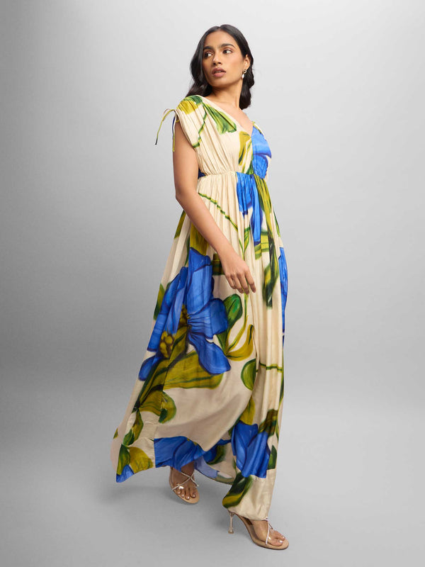 Cobalt Printed V-Neck Maxi Dress