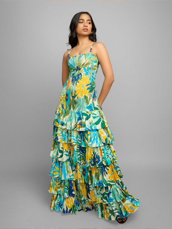 Mint Printed Ruffled Maxi Dress