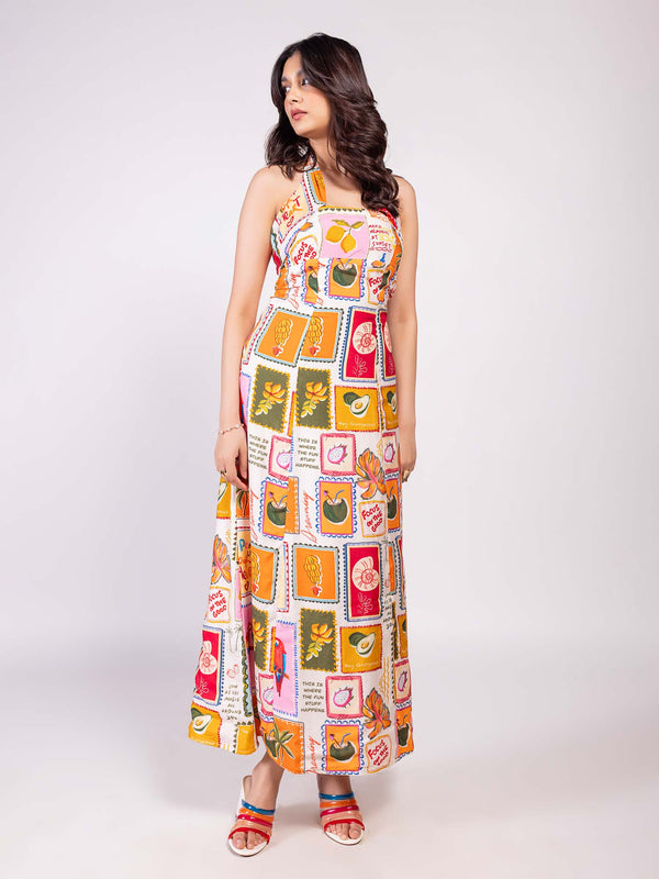 Stamp Printed Halter Neck Dress