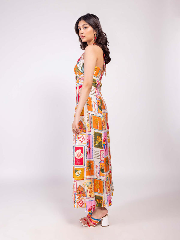 Stamp Printed Halter Neck Dress