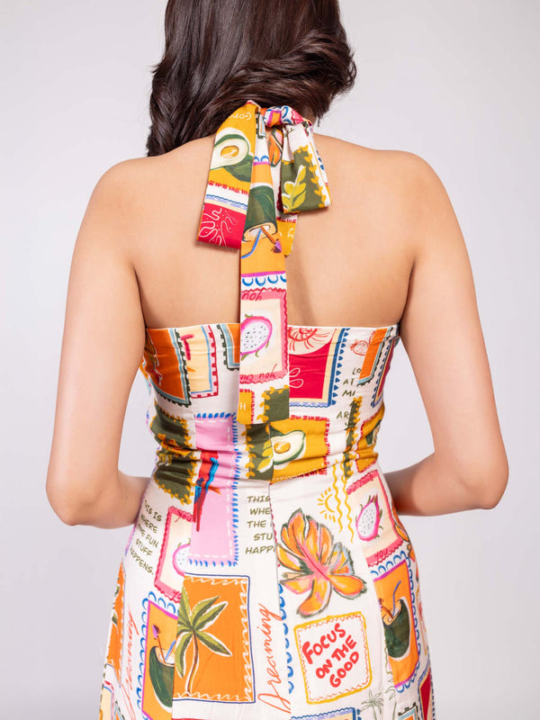 Stamp Printed Halter Neck Dress