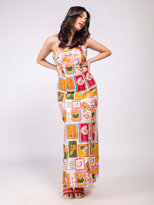 Stamp Printed Halter Neck Dress