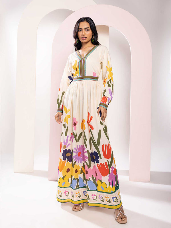 Folk Printed V Neck Maxi Dress