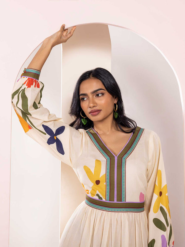 Folk Printed V Neck Maxi Dress