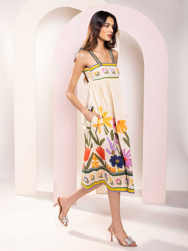 Folk Printed Strappy Midi Dress