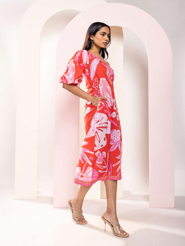 Monstera Printed One Shoulder Midi Dress