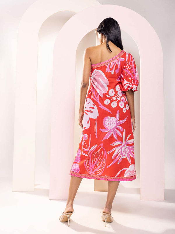 Monstera Printed One Shoulder Midi Dress