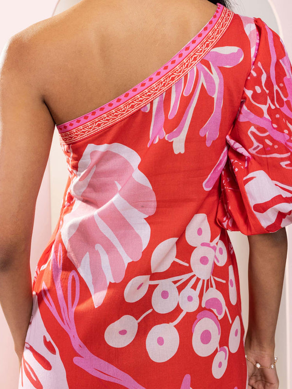 Monstera Printed One Shoulder Midi Dress