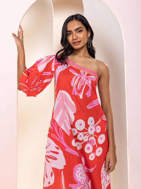 Monstera Printed One Shoulder Midi Dress