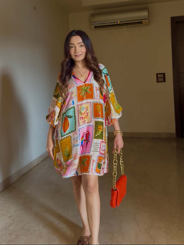 Stamp Printed Mini Dress