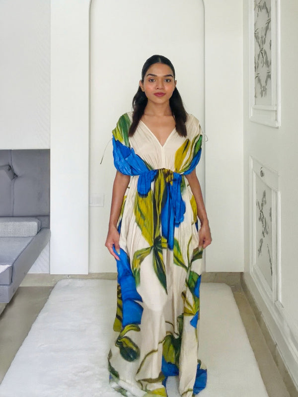 Cobalt Printed V-Neck Maxi Dress