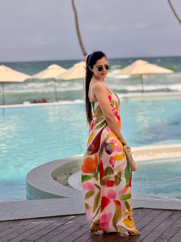 Spring Printed Pleated Maxi Dress