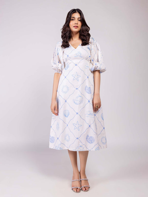 Seascape Printed V-neck Midi Dress