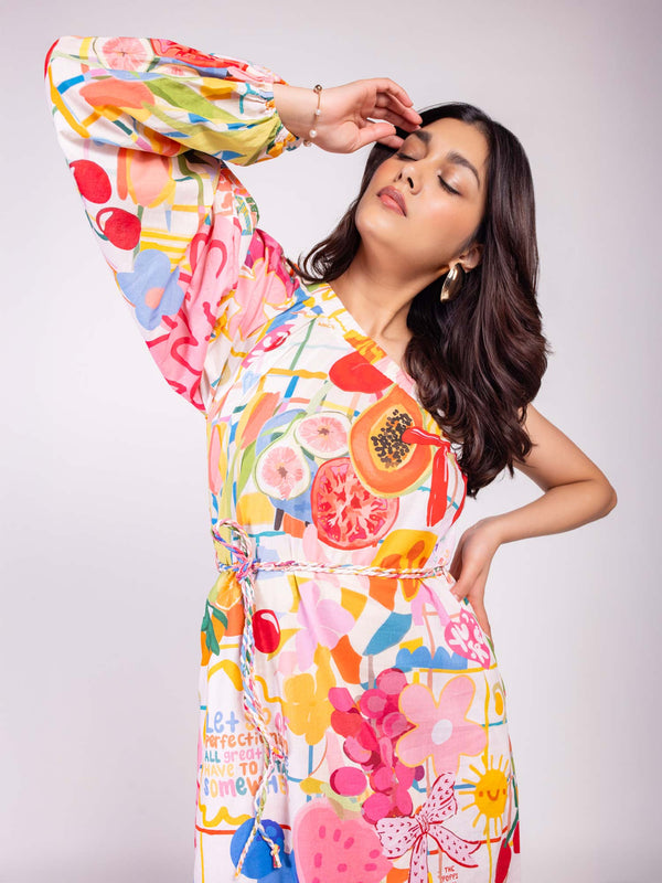 Colourful Floor-Length Printed One-Shoulder Dress