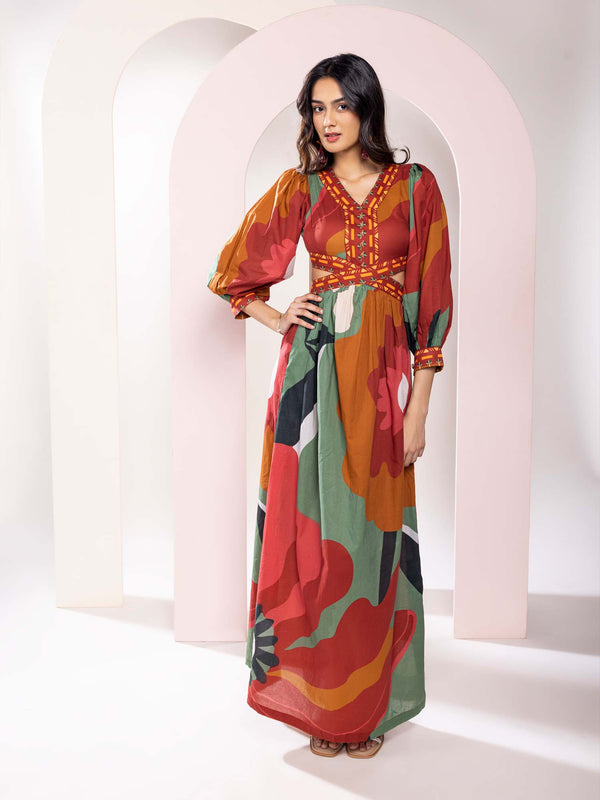 Autumn Printed Cut-out Maxi Dress