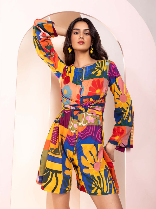 Retro Printed Mini Jumpsuit for Women