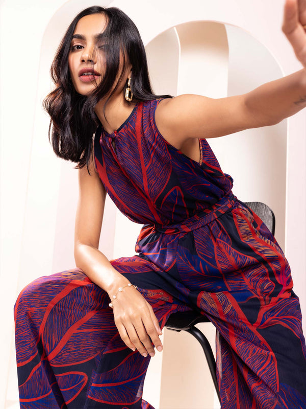 Sleeveless foliage printed jumpsuit