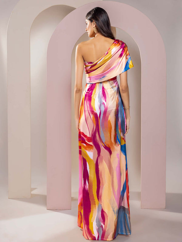 Fresco Printed One Shoulder Dress