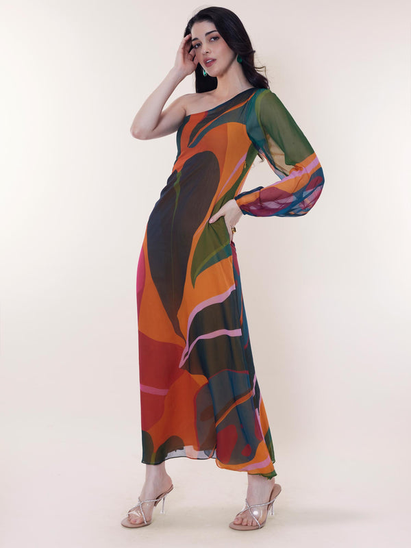 Leafy Printed One Shoulder Maxi Dress