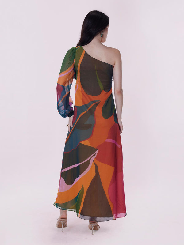 Leafy Printed One Shoulder Maxi Dress