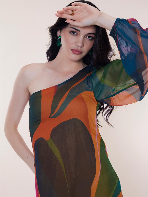 Leafy Printed One Shoulder Maxi Dress