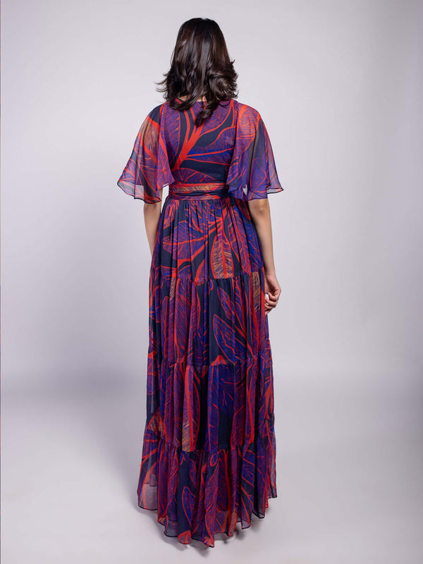 Women's Foliage Printed Tiered Dress with Pleated Belt