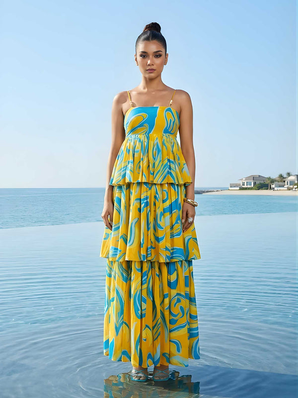 Ripple Printed Ruffled Maxi Dress