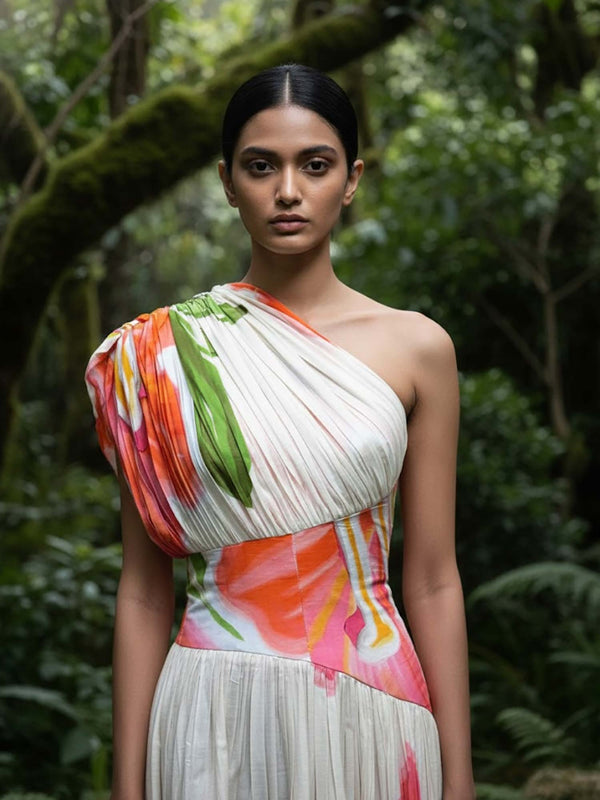 Hibiscus Printed One Shoulder Maxi Dress