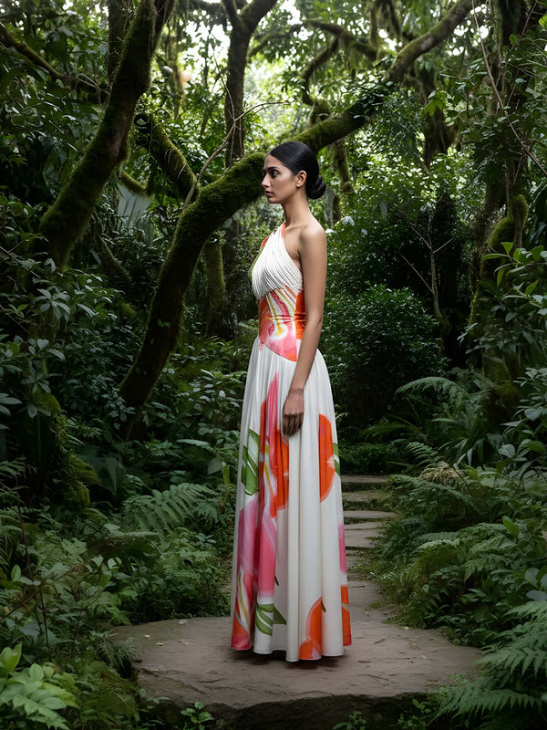 Hibiscus Printed One Shoulder Maxi Dress