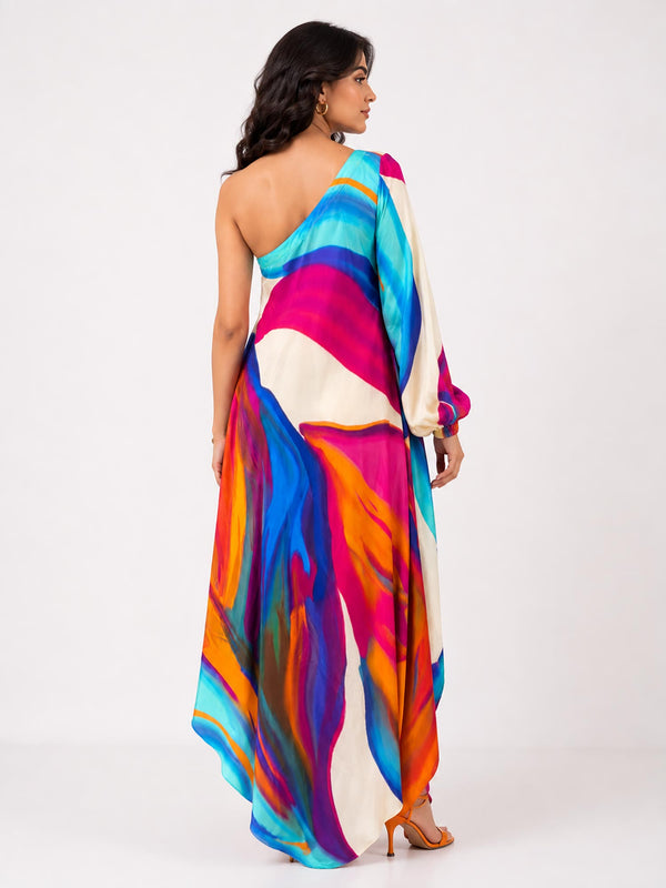 Rainbow Printed Cowl Dress