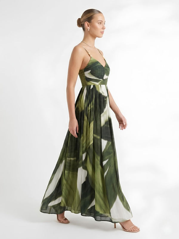 Jade Printed V Neck Pleated Dress