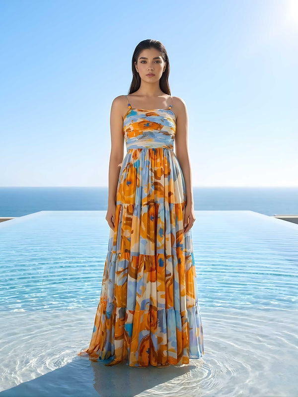 Lunar Printed Pleated Maxi Dress