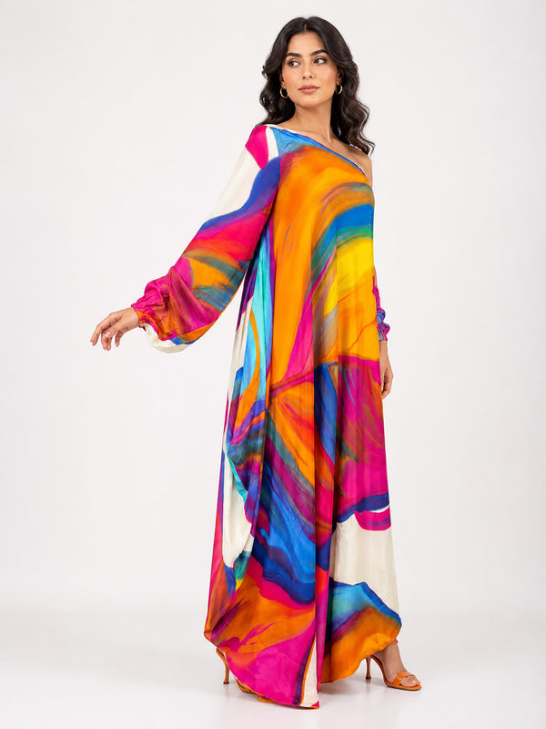 Rainbow Printed Cowl Dress