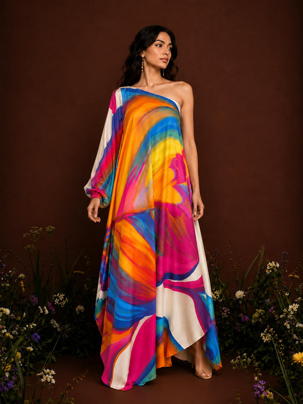 Rainbow Printed Cowl Dress